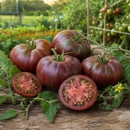 Whole and halved Cherokee Purple tomatoes with green vines on rustic wood