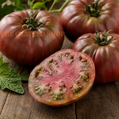 Cherokee Purple tomatoes on rustic wood with one fruit sliced open