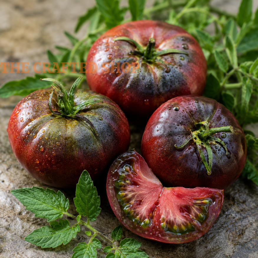 Whole and sliced Cherokee Purple tomatoes with green leaves on a stone surface