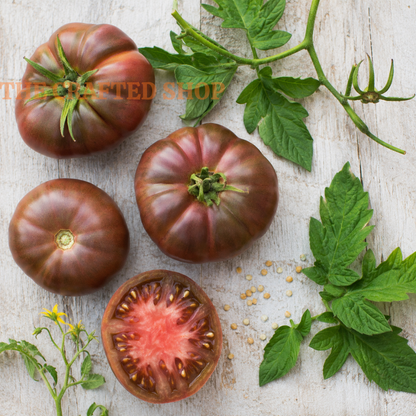 Whole and halved Cherokee Purple tomatoes with green leaves on white wood
