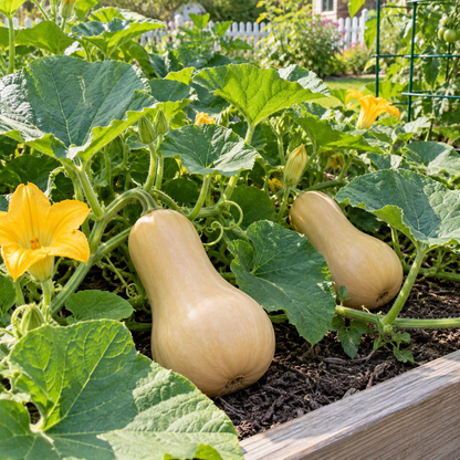 Waltham Butternut Squash growing on healthy vines in a garden bed