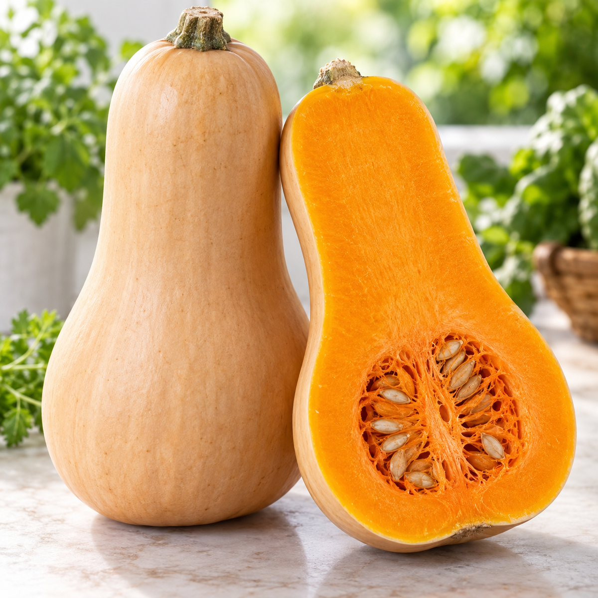 Waltham Butternut Squash with smooth tan skin displayed after harvest