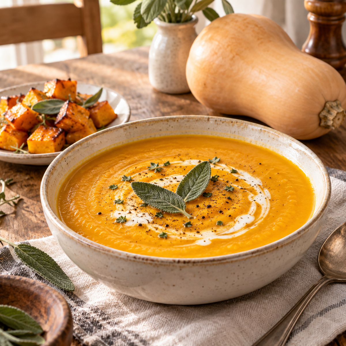Creamy roasted Waltham Butternut Squash soup served with fresh sage