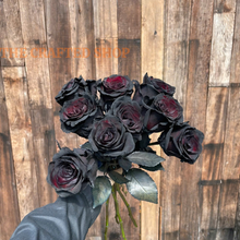 Deep burgundy rose blooms with a near-black appearance