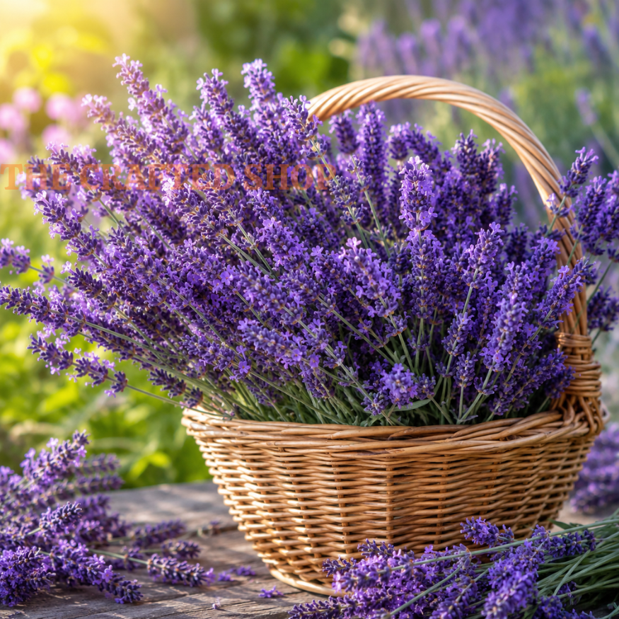 Wicker basket filled with purple English lavender flowers on rustic wood