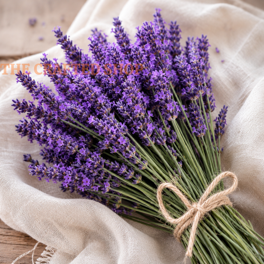 Dried English lavender bouquet tied with twine on beige linen