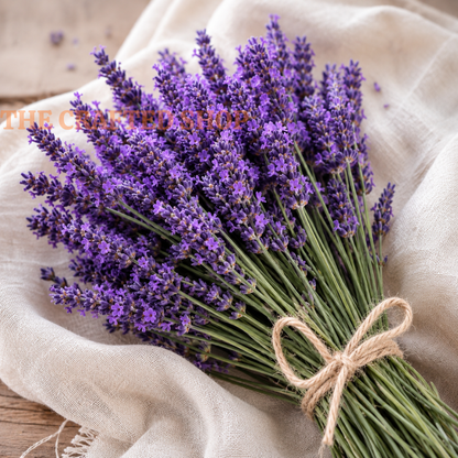 Dried English lavender bouquet tied with twine on beige linen