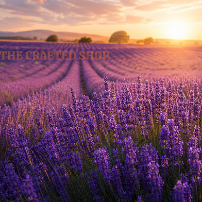 Rows of purple English lavender flowers stretching across a field at sunset