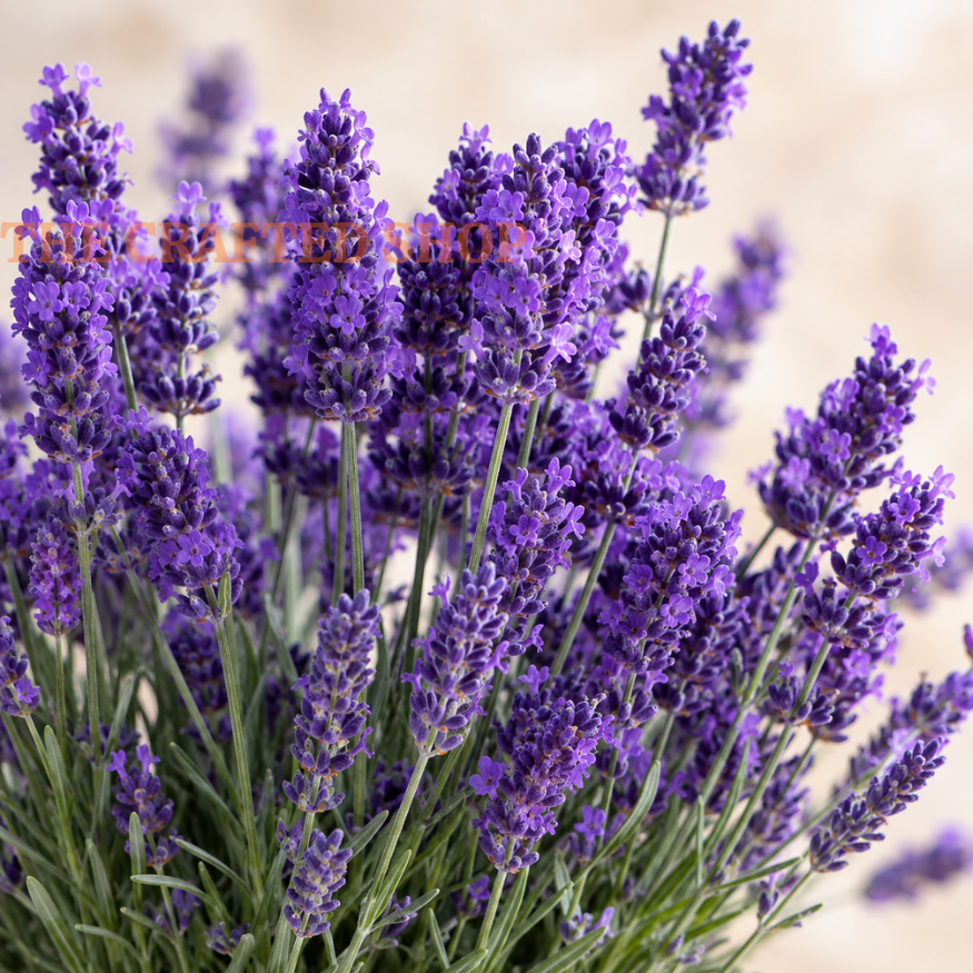 Close-up of purple English lavender flower spikes against a soft beige background