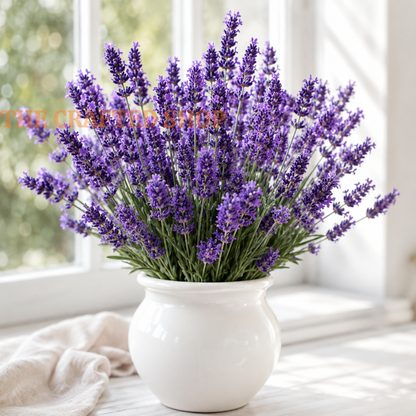 Purple English lavender stems arranged in a white ceramic vase