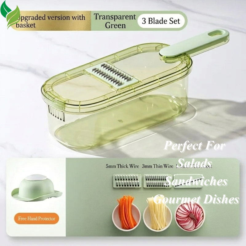 Green vegetable slicer shredding carrots in a bright kitchen prep scene