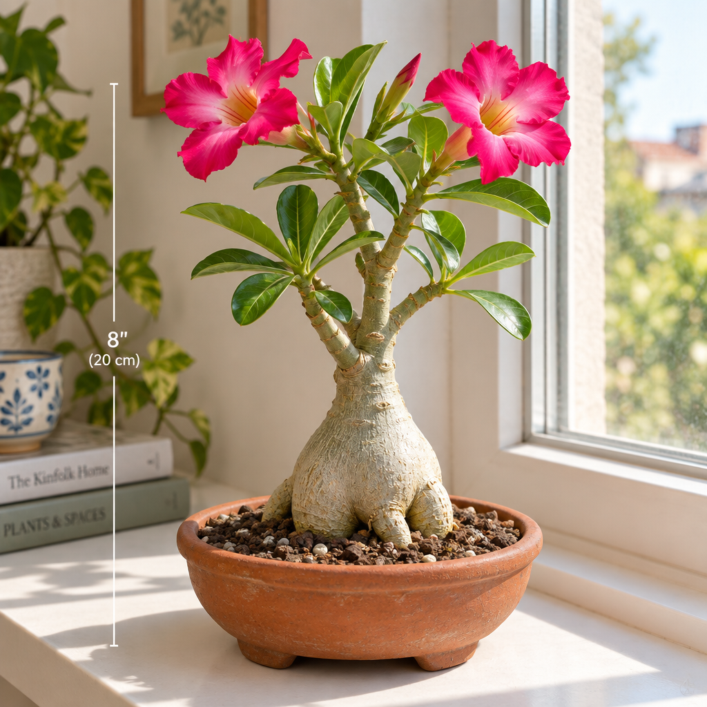 Adenium Obesum Desert Rose in a terracotta pot on a sunny windowsill – swollen pale caudex visible above soil, plant approximately 8 inches tall with two open pink flowers, showing scale and a suitable container