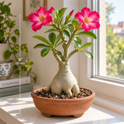 Adenium Obesum Desert Rose in a terracotta pot on a sunny windowsill – swollen pale caudex visible above soil, plant approximately 8 inches tall with two open pink flowers, showing scale and a suitable container
