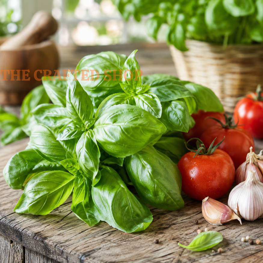 Fresh Italian basil leaves with red tomatoes and garlic on rustic wood