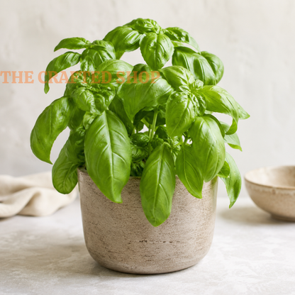 Italian Large Leaf basil plant growing in a textured beige ceramic pot