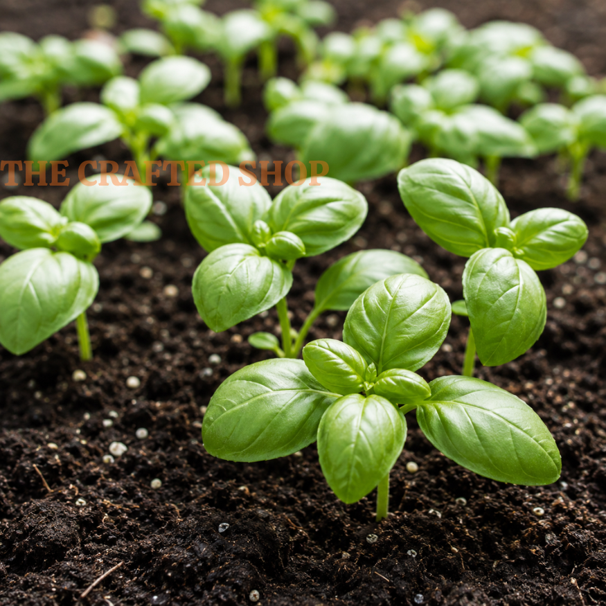 Fresh Italian Large Leaf basil sprigs growing in dark soil