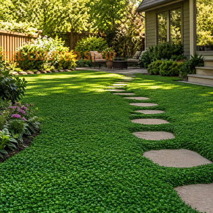 Bare feet walking across dense green micro clover ground cover
