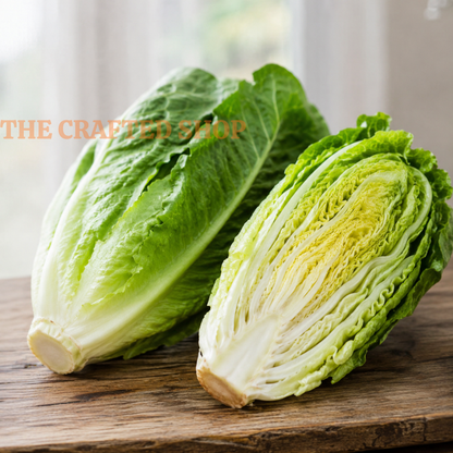 Whole and halved Parris Island romaine lettuce heads on rustic wood