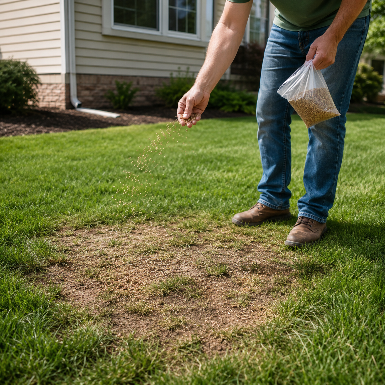 Spreading perennial ryegrass seeds evenly over prepared soil