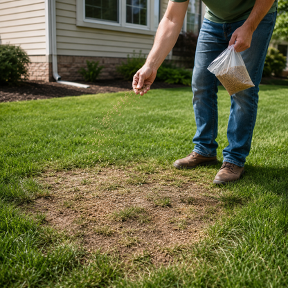 Spreading perennial ryegrass seeds evenly over prepared soil