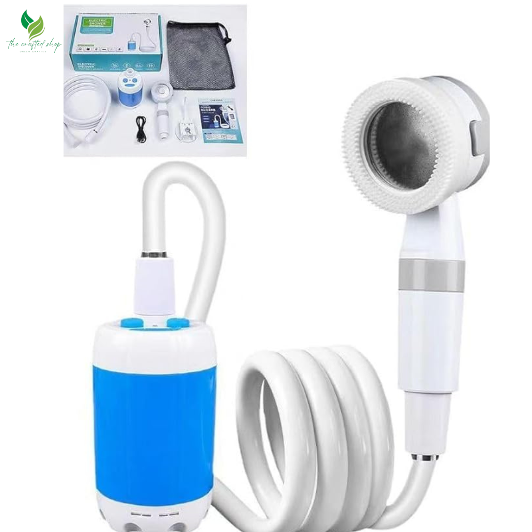 Portable camping shower pump with rechargeable battery and handheld showerhead
