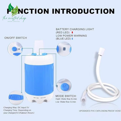 Two water flow settings on a rechargeable camping shower