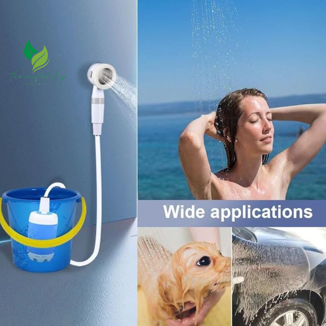 Rechargeable camping shower pumping water from a portable bucket