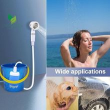 Rechargeable camping shower pumping water from a portable bucket