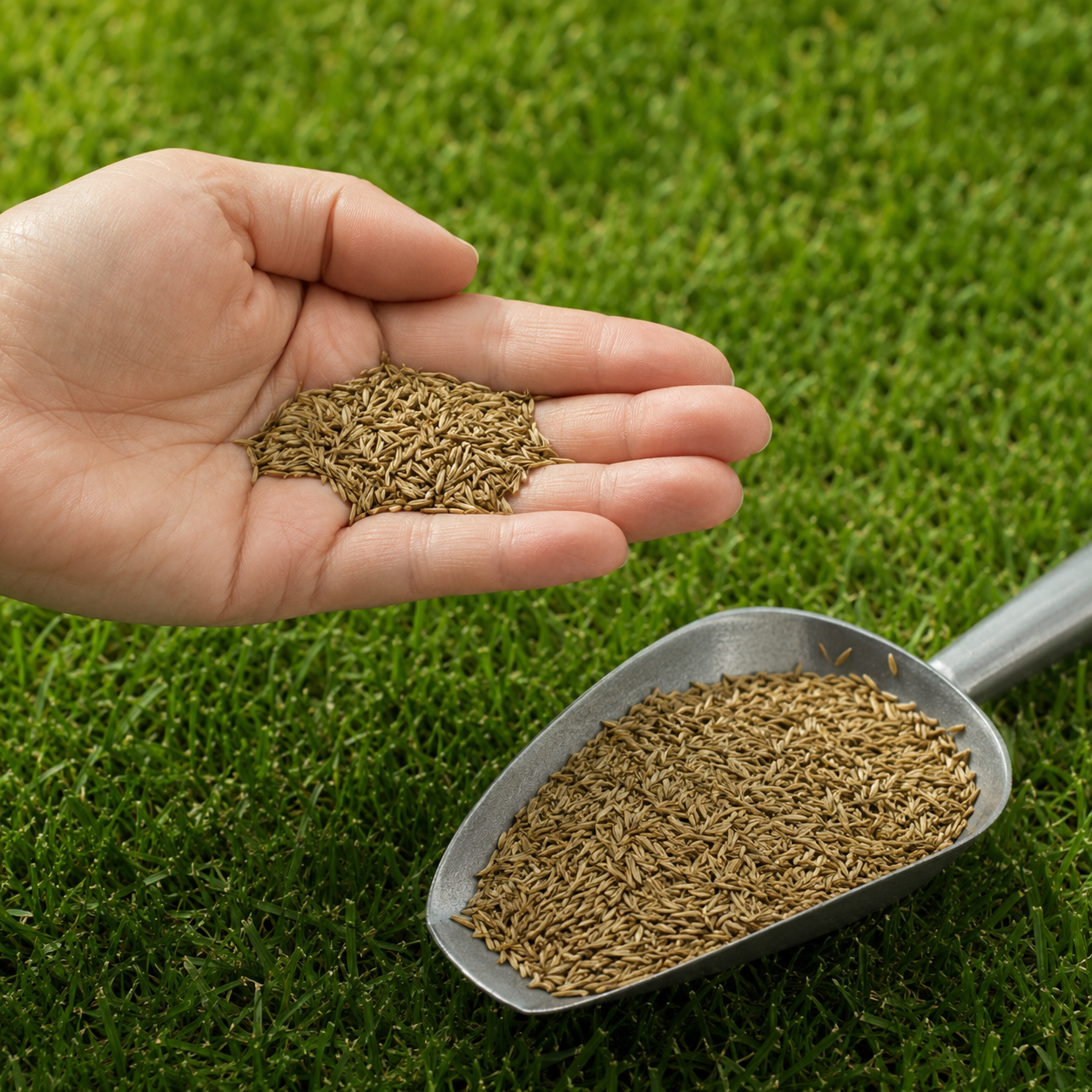 Perennial ryegrass seeds used to repair bare lawn patches