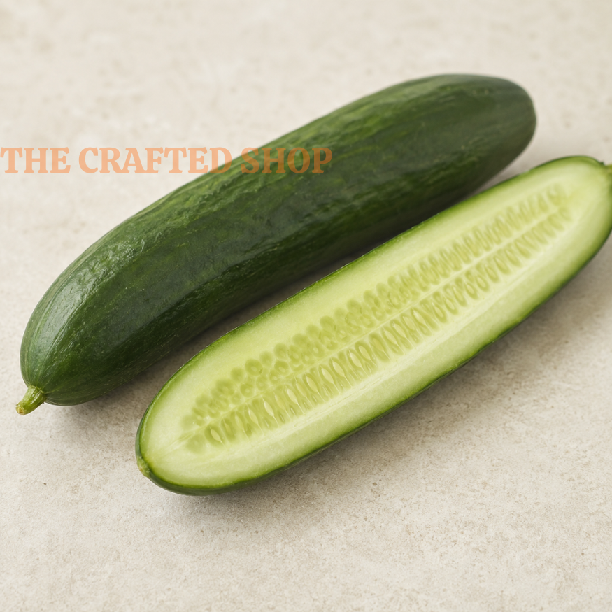 Whole and sliced Straight Eight cucumbers on a light stone surface