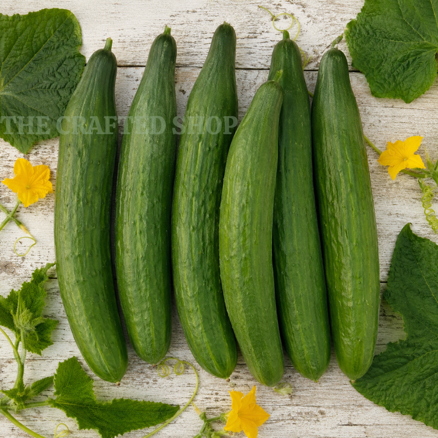 Six green Straight Eight cucumbers with leaves and yellow flowers on whitewashed wood