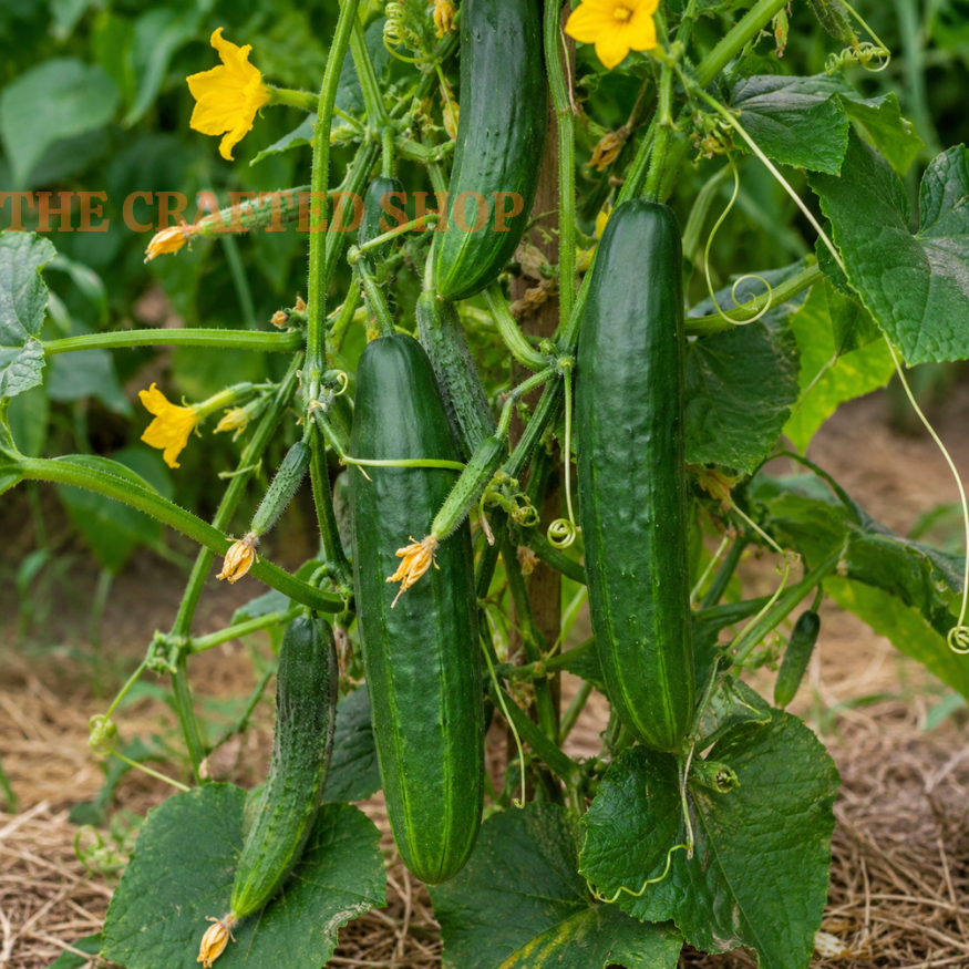 Three dark green Straight Eight cucumbers growing on a vine with yellow flowers