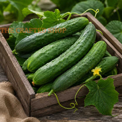 Fresh Straight Eight cucumbers with vines and yellow flower in a rustic wooden crate
