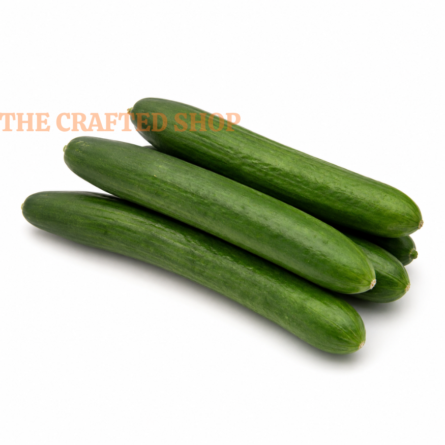 Four green Straight Eight cucumbers arranged on a white background