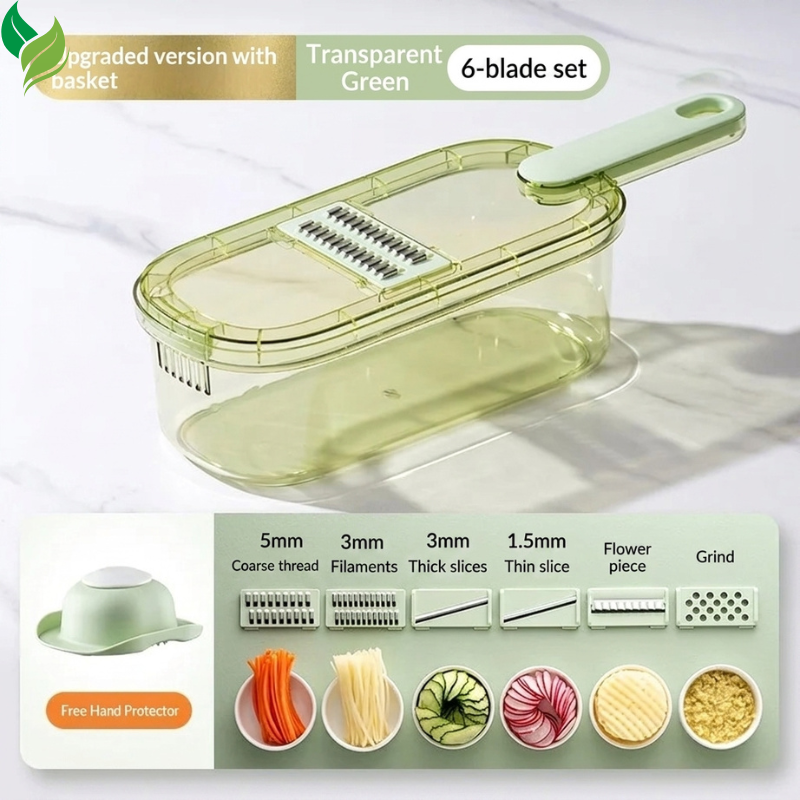 Transparent green vegetable cutter set with six interchangeable blades