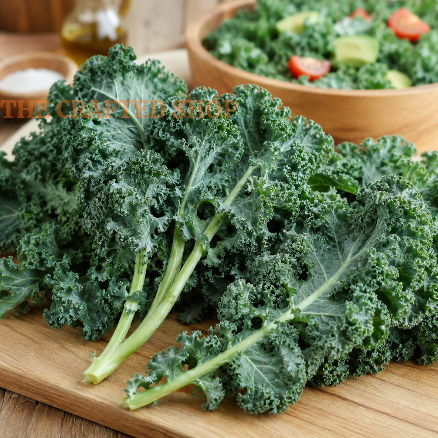 Fresh curly Vates kale leaves with pale stems on a wooden cutting board