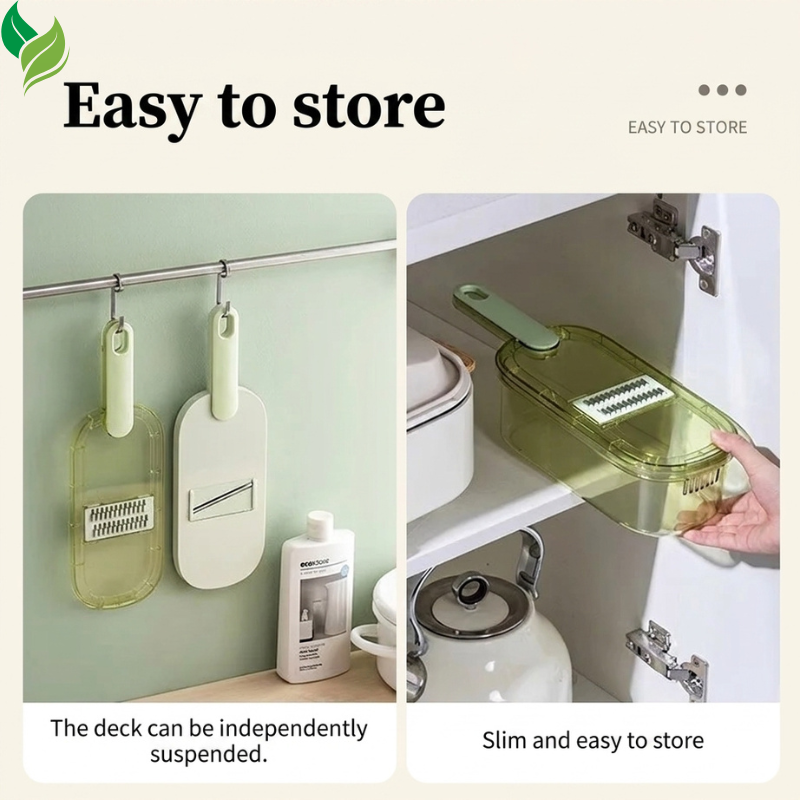 Vegetable cutter stored by hanging the lid or placing the set inside a cabinet