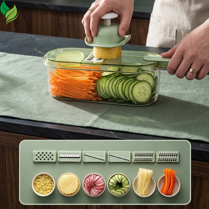 Vegetable cutter slicing potato over carrots and cucumber in the container
