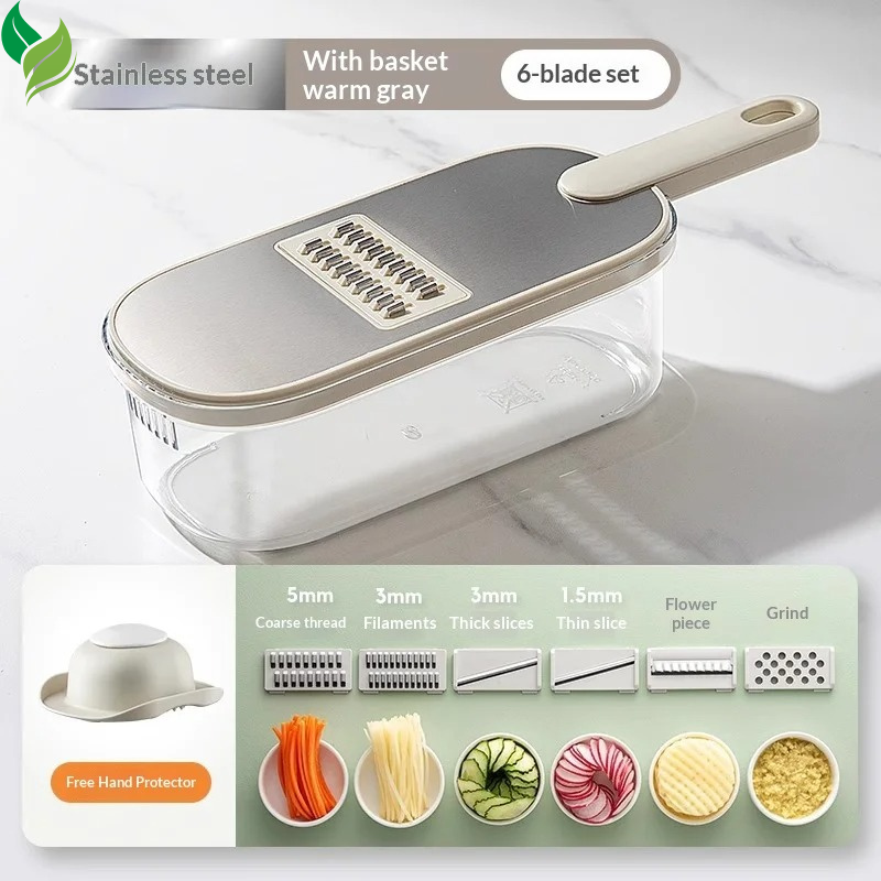 Multi Function Vegetable Cutter Set with Basket, 6 Blade Slicer Shredder Grater and Hand Protector