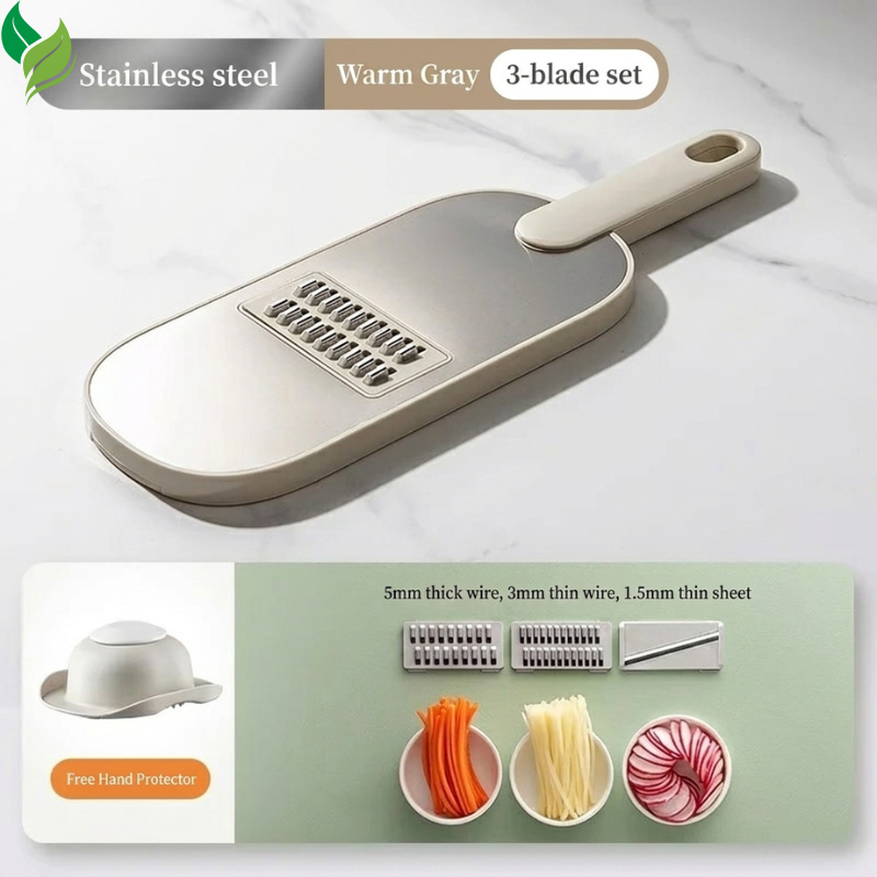 Warm gray three-blade vegetable cutter with clear storage container